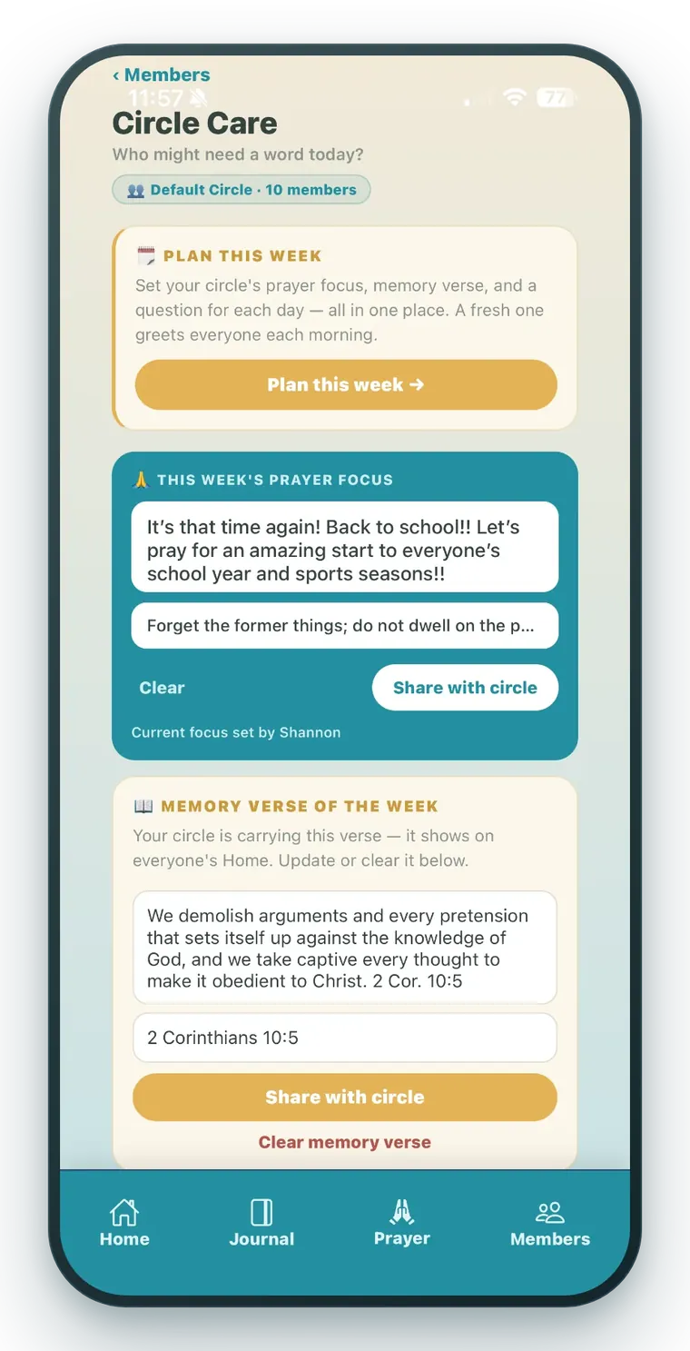Circle Care, where a leader sets the week's prayer focus and memory verse