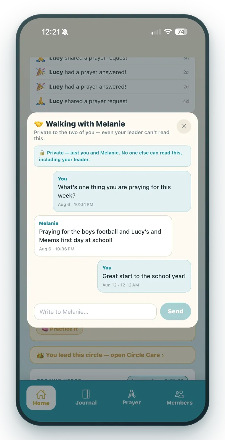 A private walking-partner conversation between two members