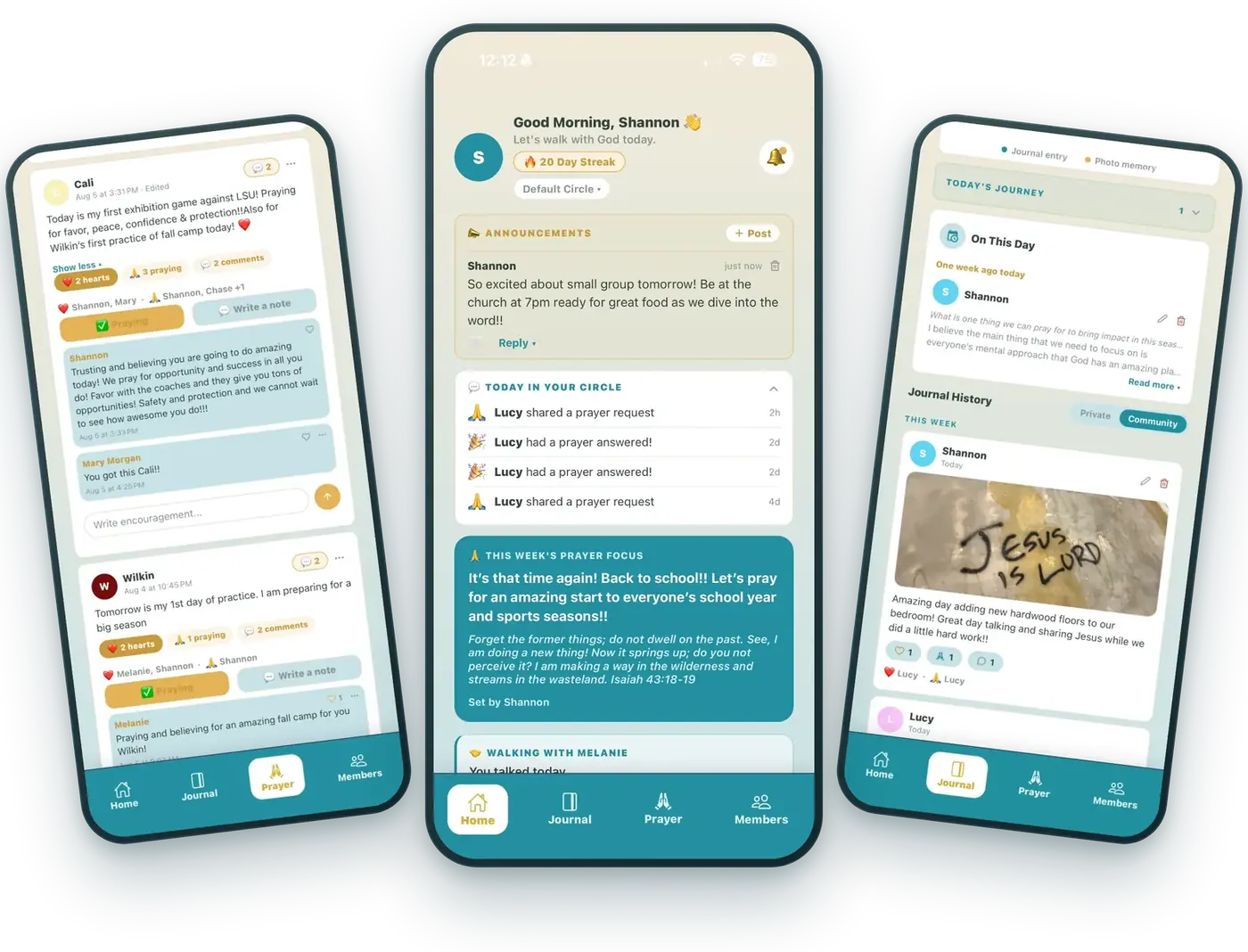 My Faith Journey shown on three phones: the prayer wall, the home screen, and the journal
